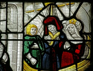 Vetrata raffigurante viaggiatori su una nave, da un miracolo di San Nicola